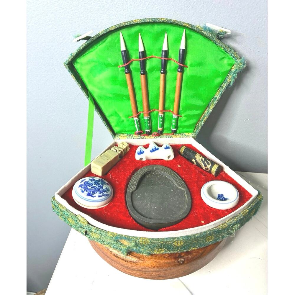 Vintage Chinese Calligraphy Writing Set in Brocade Case